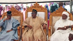 PHOTO: Bauchi State Governor, Bala Mohammed; his deputy, Auwal Jatau and the District Head of Duguri, Adamu Muhammad, during the visit