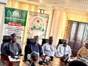 The Vice Chancellor of KASU, Prof Abdullahi Ibrahim Musa, addressing newsmen in his office on Thursday in Kaduna