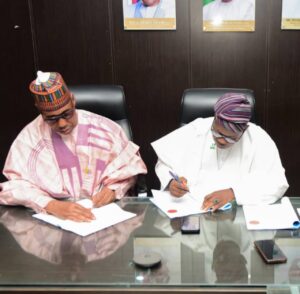 Borno State Governor, Babagana Zulum during the signing of a Memorandum of Understanding (MoU) to cede the General Hospital Azare to the National Orthopaedic Hospital in Abuja.