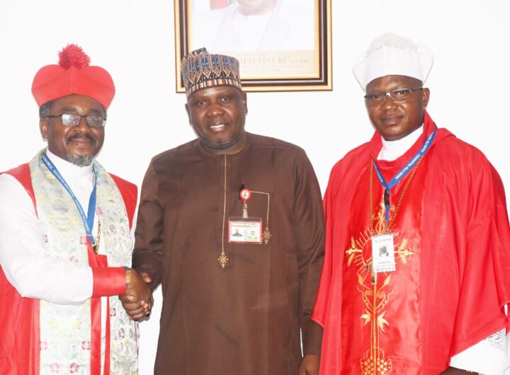 Presidential aide, Bayo Onanuga received a delegation of the Charismatic Bishops Conference of Nigeria led by Archbishop Chivir Chianson, its General Secretary, on Friday at the Presidential Villa, Abuja.