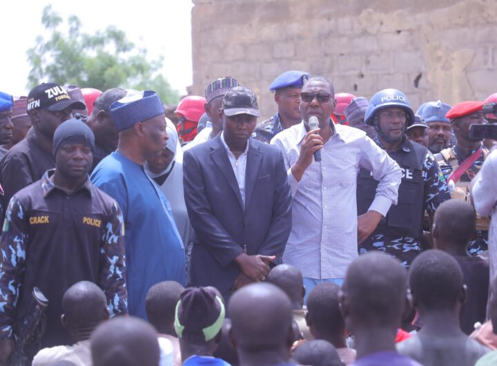Borno State Governor Babagana Zulum addressing residents of Wulgo town on Tuesday