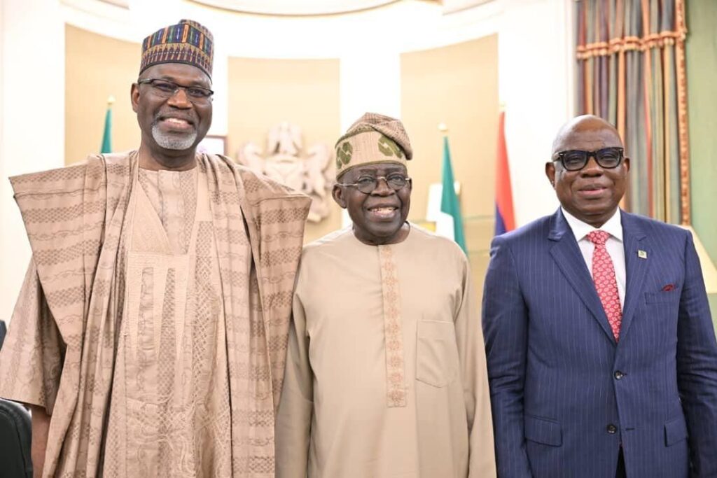 From left: Chairman of the NNPC board, Ahmadu Musa Kida; President Bola Ahmed Tinubu and Group Chief Executive Officer (GCEO) of NNPC Ltd, Mr. Bashir Bayo Ojulari, after the inauguration of the NNPC Board at the Presidential Villa, Abuja on Thursday.