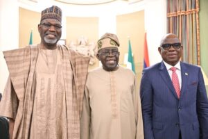 From left: Chairman of the NNPC board, Ahmadu Musa Kida; President Bola Ahmed Tinubu and Group Chief Executive Officer (GCEO) of NNPC Ltd, Mr. Bashir Bayo Ojulari, after the inauguration of the NNPC Board at the Presidential Villa, Abuja on Thursday.