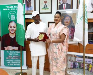 Managing Director of NSITF, Barrister Oluwaseun Faleye and the Director General of NIMC, Engineer Abisoye Coker-Odusote, during a courtesy visit in Abuja.