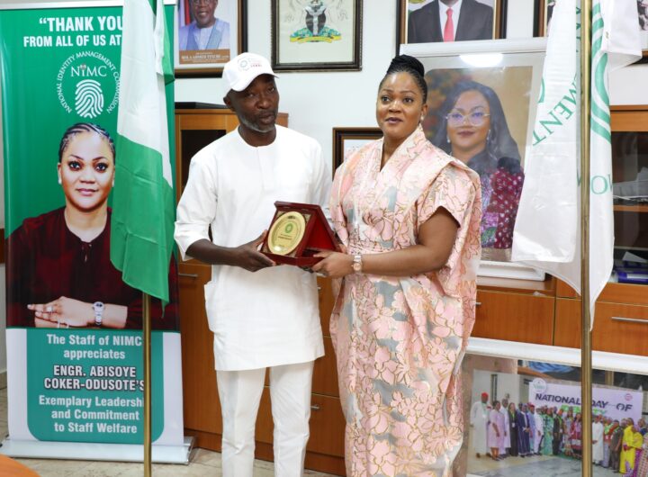 Managing Director of NSITF, Barrister Oluwaseun Faleye and the Director General of NIMC, Engineer Abisoye Coker-Odusote, during a courtesy visit in Abuja.