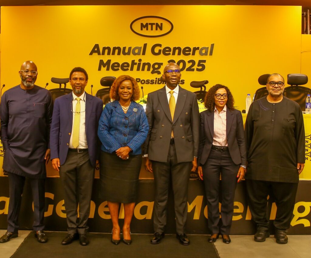 L-R: President and CEO, MTN Group, Ralph Mupita; Chief Executive Officer, MTN Nigeria, Dr. Karl Toriola; Company Secretary, MTN Nigeria, Uto Ukpanah; Chairman, MTN Nigeria, Dr. Ernest Ndukwe (OFR); Non-Executive Director, MTN Nigeria, Tsholofelo Molefe and Non-Executive Director, MTN Nigeria, Andrew Alli, at the MTN Annual General Meeting held at the Rooftop Plaza in Ikoyi, Lagos on 30th April, 2025.