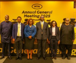 L-R: President and CEO, MTN Group, Ralph Mupita; Chief Executive Officer, MTN Nigeria, Dr. Karl Toriola; Company Secretary, MTN Nigeria, Uto Ukpanah; Chairman, MTN Nigeria, Dr. Ernest Ndukwe (OFR); Non-Executive Director, MTN Nigeria, Tsholofelo Molefe and Non-Executive Director, MTN Nigeria, Andrew Alli, at the MTN Annual General Meeting held at the Rooftop Plaza in Ikoyi, Lagos on 30th April, 2025.