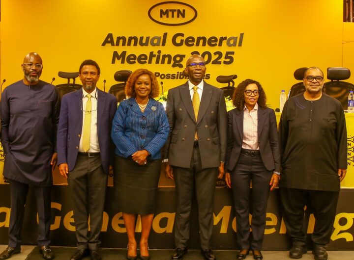L-R: President and CEO, MTN Group, Ralph Mupita; Chief Executive Officer, MTN Nigeria, Dr. Karl Toriola; Company Secretary, MTN Nigeria, Uto Ukpanah; Chairman, MTN Nigeria, Dr. Ernest Ndukwe (OFR); Non-Executive Director, MTN Nigeria, Tsholofelo Molefe and Non-Executive Director, MTN Nigeria, Andrew Alli, at the MTN Annual General Meeting held at the Rooftop Plaza in Ikoyi, Lagos on 30th April, 2025.