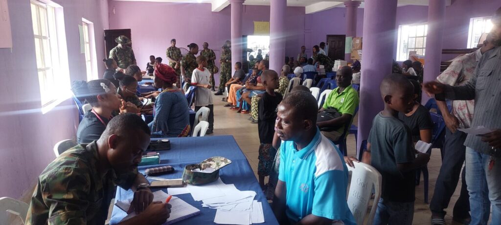 Nigerian Air Force NAF medical personnel providing free medical services to residents of Rumuomasi community in Port Harcourt on Saturday