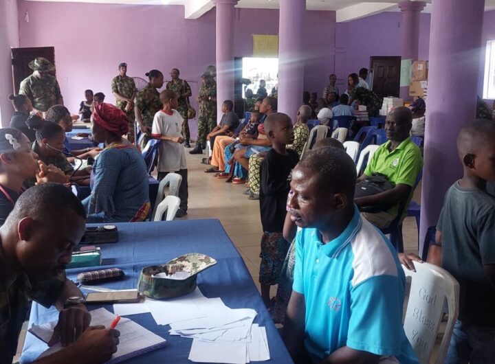 Nigerian Air Force NAF medical personnel providing free medical services to residents of Rumuomasi community in Port Harcourt on Saturday