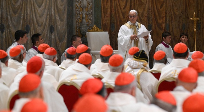 This photo taken and handout on May 9, 2025 by The Vatican Media shows Pope Leo XIV during a mass with cardinals in the Sistine Chapel in The Vatican. (Photo by Handout / VATICAN MEDIA / AFP)
