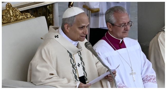 Pope Leo XIV addresses the crowd during a Holy Mass for the Beginning of his Pontificate, in St Peter’s square in The Vatican on May 18, 2025. (Photo by Filippo MONTEFORTE / AFP)