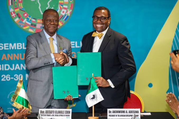 Left to right; Wale Edun, Minister of Finance and Coordinating Minister of the Economy and Dr Akinwunmi Adesina,Presidnt of AfDB during the ceremony in Abidjan o Thursday.