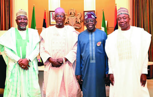 President Bola Tinubu meets the 3 defected senators – Adamu Aliero (Kebbi Central); Yahaya Abdullahi (Kebbi North) and Garba Maidoki (Kebbi South)