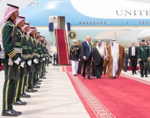 Saudi Arabia's King Salman bin Abdulaziz Al Saud and U.S. President Donald Trump walk during a reception ceremony in Riyadh, Saudi Arabia.