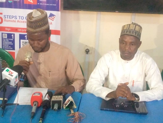 Left: Sokoto State coordinator of NACTAL, Mr Rufus Yongtong alongside Malam Rabiu Bello Gandi addressing newsmen in Sokoto. PHOTO by ANKELI EMMANUEL
