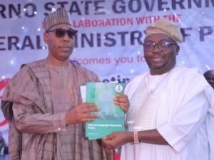 Borno State Governor, Prof. Babagana Zulum and the Minister of Power, Adebayo Adelabu, during the 6th National Council on Power (NACOP) summit held on Thursday in Maiduguri,