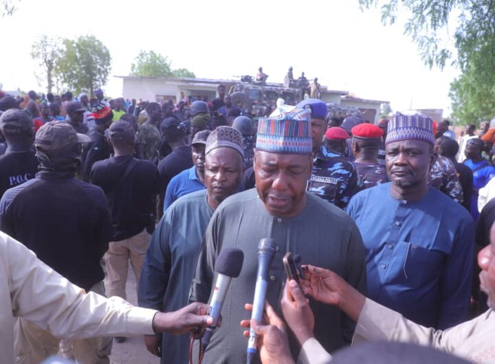 Borno State Governor, Babagana Zulum addressing the press during his familiarization visit to some communities in Kukawa Local Government Area.