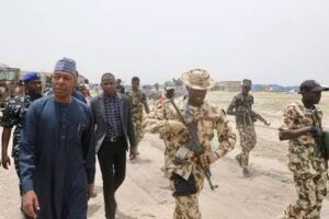 Borno State Governor, Babagana Zulum visits troops in Malam-Fatori
