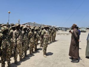 Borno State Governor, Babagana Zulum interfacing with military troops of 68 battalion headquarters in Malam-Fatori