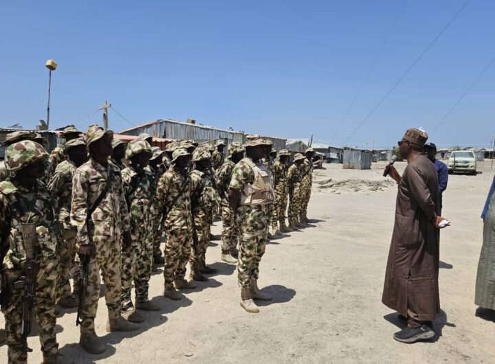 Borno State Governor, Babagana Zulum interfacing with military troops of 68 battalion headquarters in Malam-Fatori