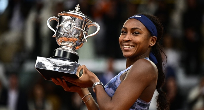 US Coco Gauff holds the trophy after winning the French Open tennis tournament women’s singles final match against Belarus’ Aryna Sabalenka