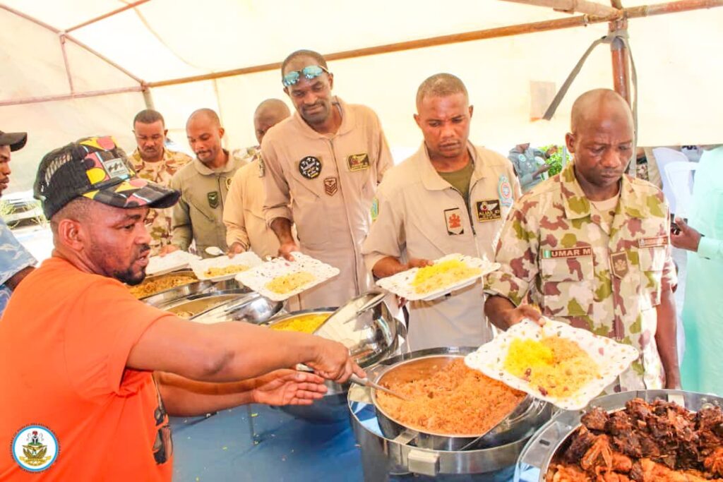 NAF personnel during the sallah luncheon at the NAF base in Maiduguri