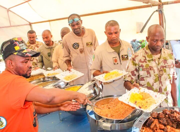 NAF personnel during the sallah luncheon at the NAF base in Maiduguri