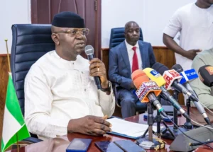 Minister of Water Resources and Sanitation, Prof. Joseph Utsev, addressing newsmen in Abuja