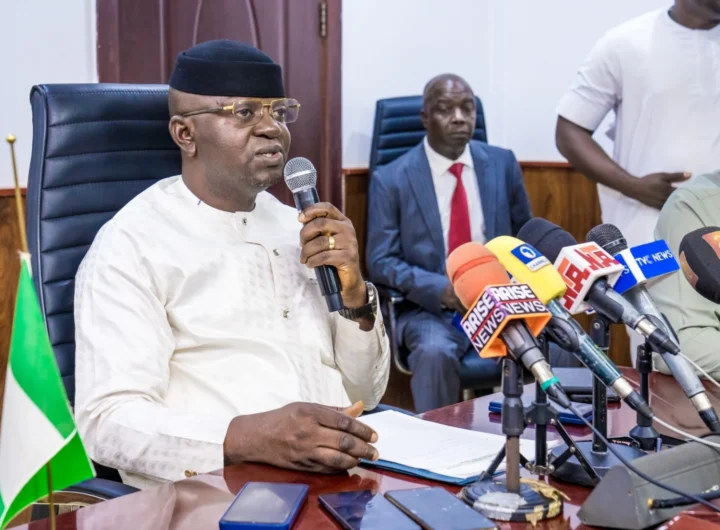 Minister of Water Resources and Sanitation, Prof. Joseph Utsev, addressing newsmen in Abuja