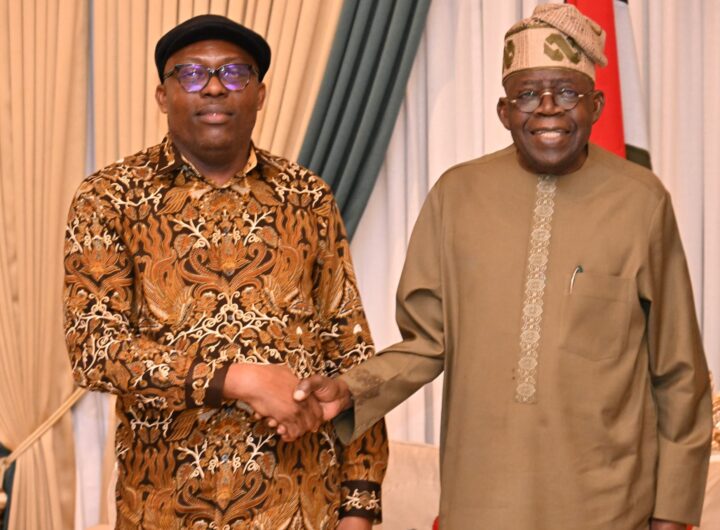 Suspended Rivers State Governor, Siminalayi Fubara and President Bola Tinubu after the peace talk in Abuja
