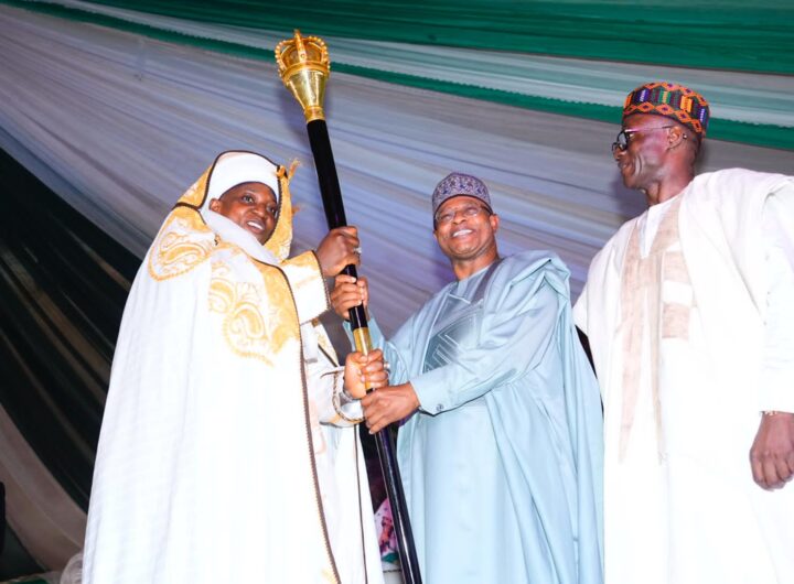 Kaduna State Governor, Uba Sani presenting the staff of office to Mr. Ishaku Tagwai Sambo, as the 5th Chief of Moro’a