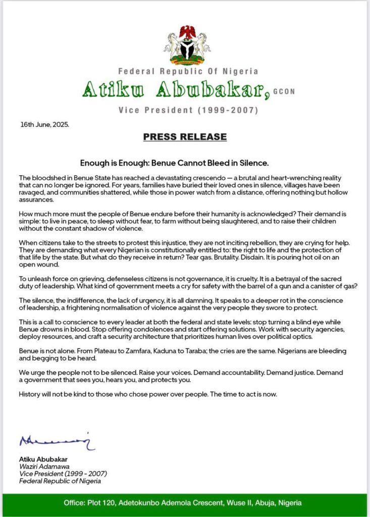 Enough is enough: Benue cannot bleed in silence –Atiku 2 Atiku reacts to killings in Benue State