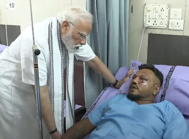 Air India plane crash sole survivor, Vishwashkumar Ramesh lying in hospital bed as he is visited by Indian Prime Minister, Minister Narendra