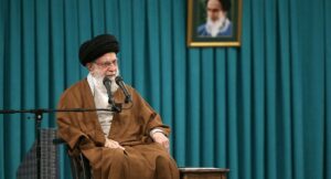 (FILES) A handout picture provided by the office of Iran’s Supreme Leader Ayatollah Ali Khamenei on October 27, 2024, shows him addressing the crowd during a meeting in Tehran. (Photo by KHAMENEI.IR / AFP)