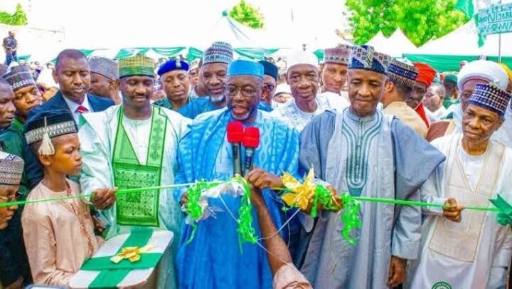 L-R: Sokoto Governor, Allhmed Aliyu, Jigawa State Governor, Umar Namadi and Senator Aliyu Wamakko during the flag off ceremony in Sokoto metropolis