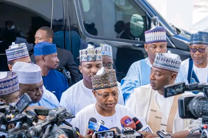 Kaduna Governor, Una Sani addressing the press