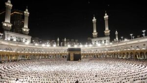 Muslims performing Hajj in Mecca , Saudi Arabia