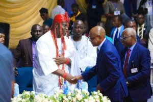Ooni of Ife, Oba Enitan Ogunwusi, and the FCT Minister, Nyesom Wike, during the 2025 OAU Distinguished Personality Lecture titled: 'The Nigeria of our Dreams', held in Ile-Ife, Osun State.