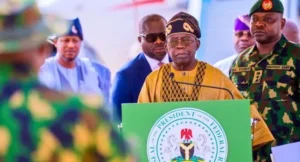 President Bola Tinubu addressing military troops