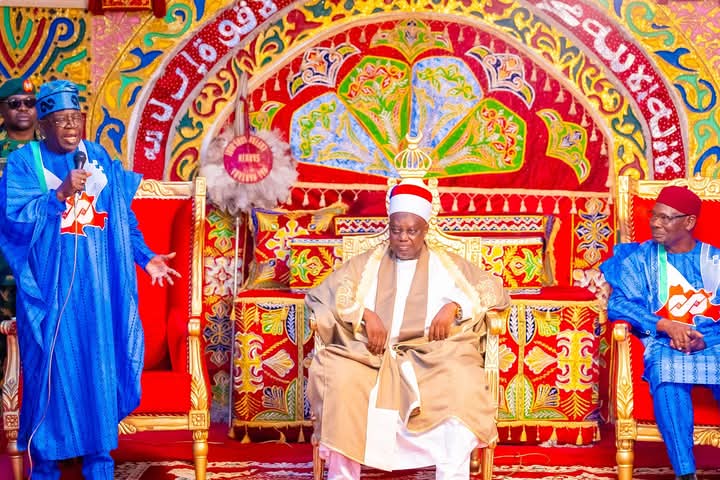 President Bola Tinubu speaking at the palace of the Emir Of Lafia, Justice Sidi Bage Muhammad