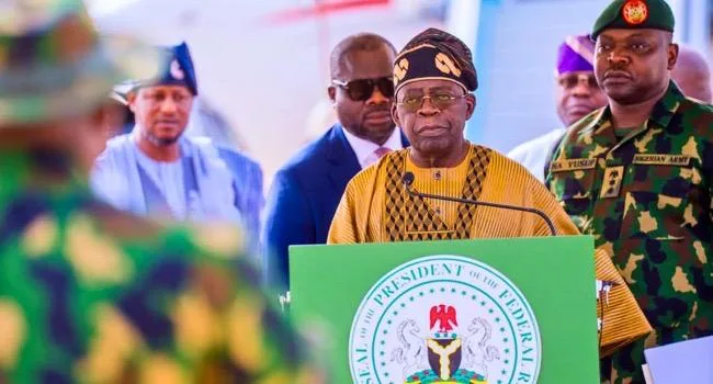 President Bola Tinubu addressing military troops