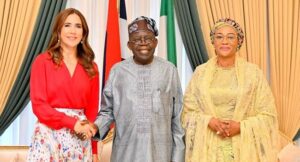R-L: Queen Mary Elizabeth of Denmark, President Bola Tinubu, and First Lady, Oluremi Tinubu during a courtesy visit in Abuja.