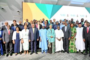 President of the African Export-Import Bank Dr. Benedic Oramah,President Bola Tinubu, First lady of Nigeria, Senator Oluremi Tinubu,Former President Olusegun Obasanjo,President of Garbon Brice Oligui Nguema & other Heads of State and Govt. during the Banks’s 32nd Annual Meeting.