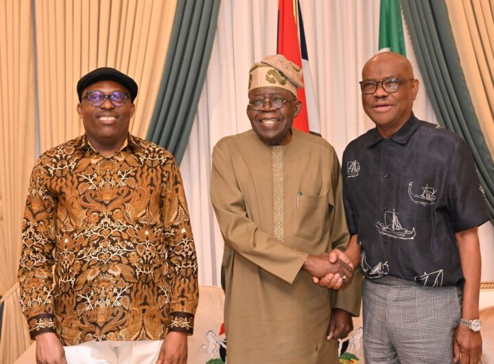 Suspended Rivers State Governor, Nyesom Wike, President Bola Tinubu and FCT Minister, Nyesom Wike, shortly after the peace talk at the Presidential Villa, Abuja