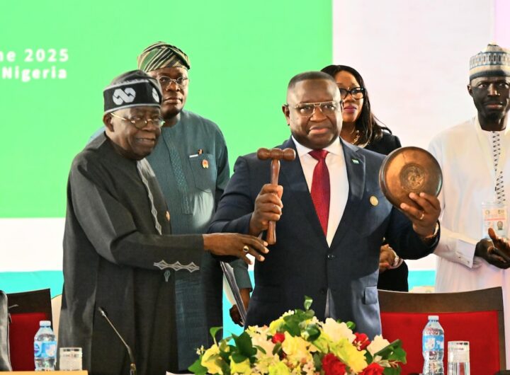 President Tinubu handing over ECOWAS leadership to Sierra Leone's President Maada Bio