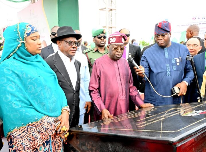 President Bola Ahmed Tinubu; FCT Minister, Nyesom Wike; Minister of State FCT, Mariya Mahmoud and APC National Chairman, Abdullahi Ganduje during the official commissioning of greater Abuja water supply network loops 1,2,5,and 6 of FCC Abuja on Monday 16th of June, 2025. Photo State House.