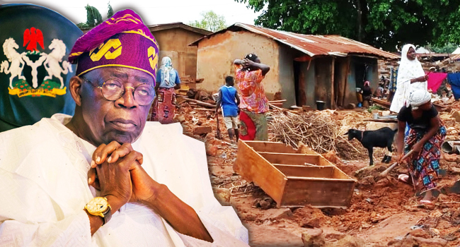 Photo combo showing President Bola Tinubu and the scene of the flood disaster in Mokwa LGA of Niger State