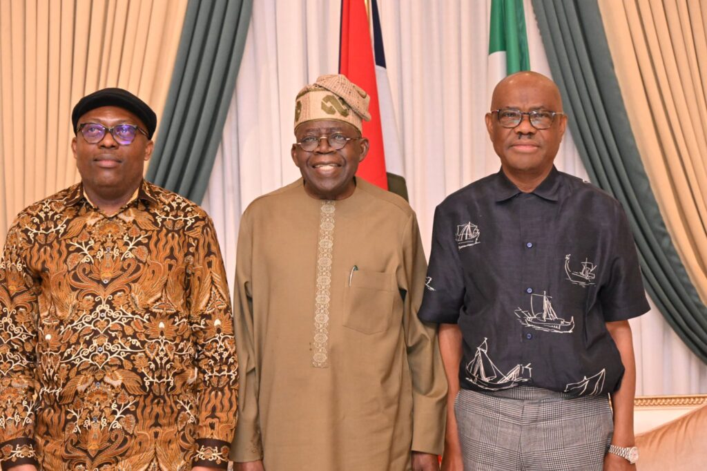 R-L: Suspended Rivers State Governor, Siminalayi Fubara, President Bola Tinubu and FCT Minister, Nyesom Wike shortly after the peace talk at the presidential villa Abuja