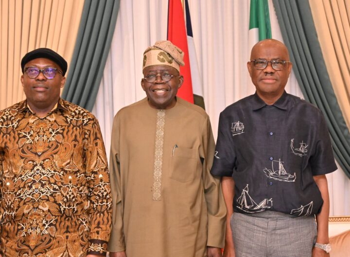R-L: Suspended Rivers State Governor, Siminalayi Fubara, President Bola Tinubu and FCT Minister, Nyesom Wike shortly after the peace talk at the presidential villa Abuja